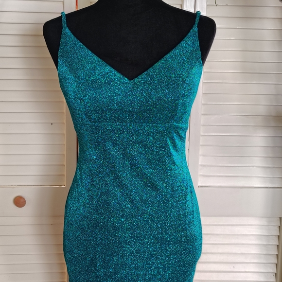 Stunning Teal Glitter Prom Dress with High Slit - Picture 5 of 15
